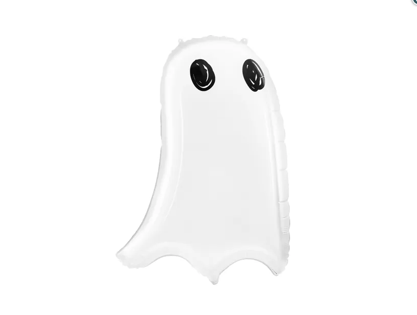 White Foil Balloon shaped like a cute ghost with black eyes.